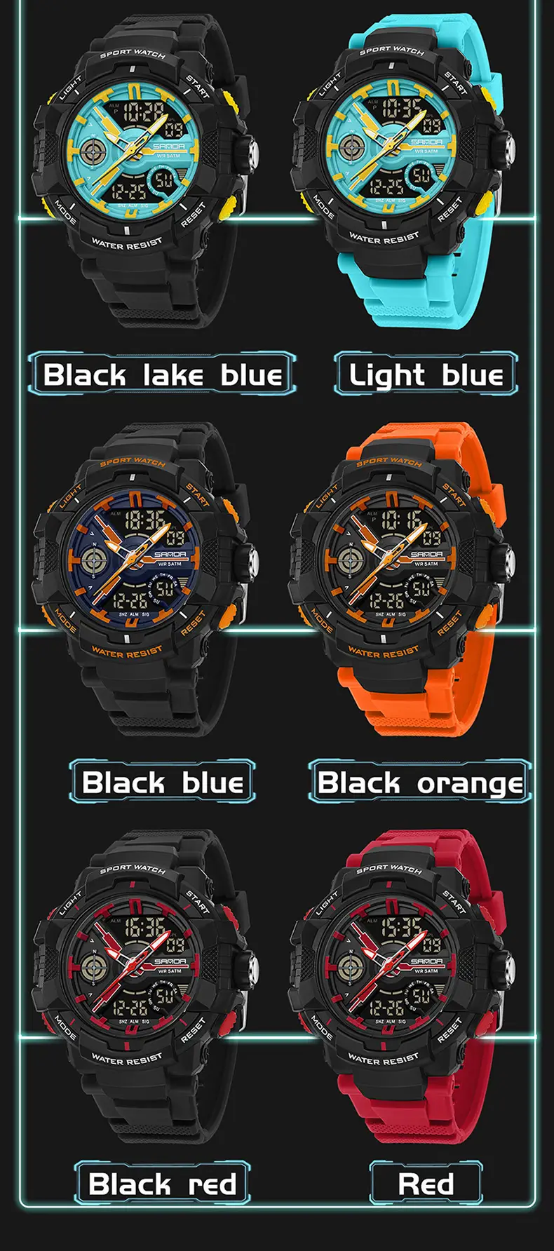 Sanda Waterproof Sports Watch Black Orange Digital Display — feature 32