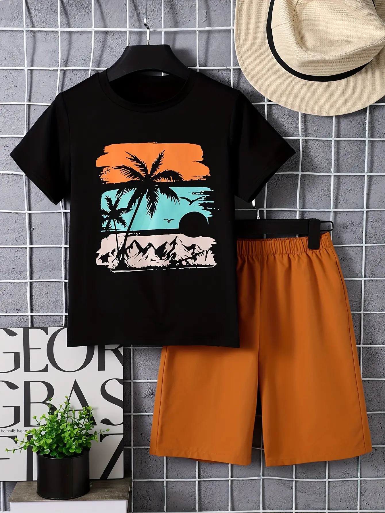 Kids Beach T-Shirt Black Orange Palm Print - Image 2