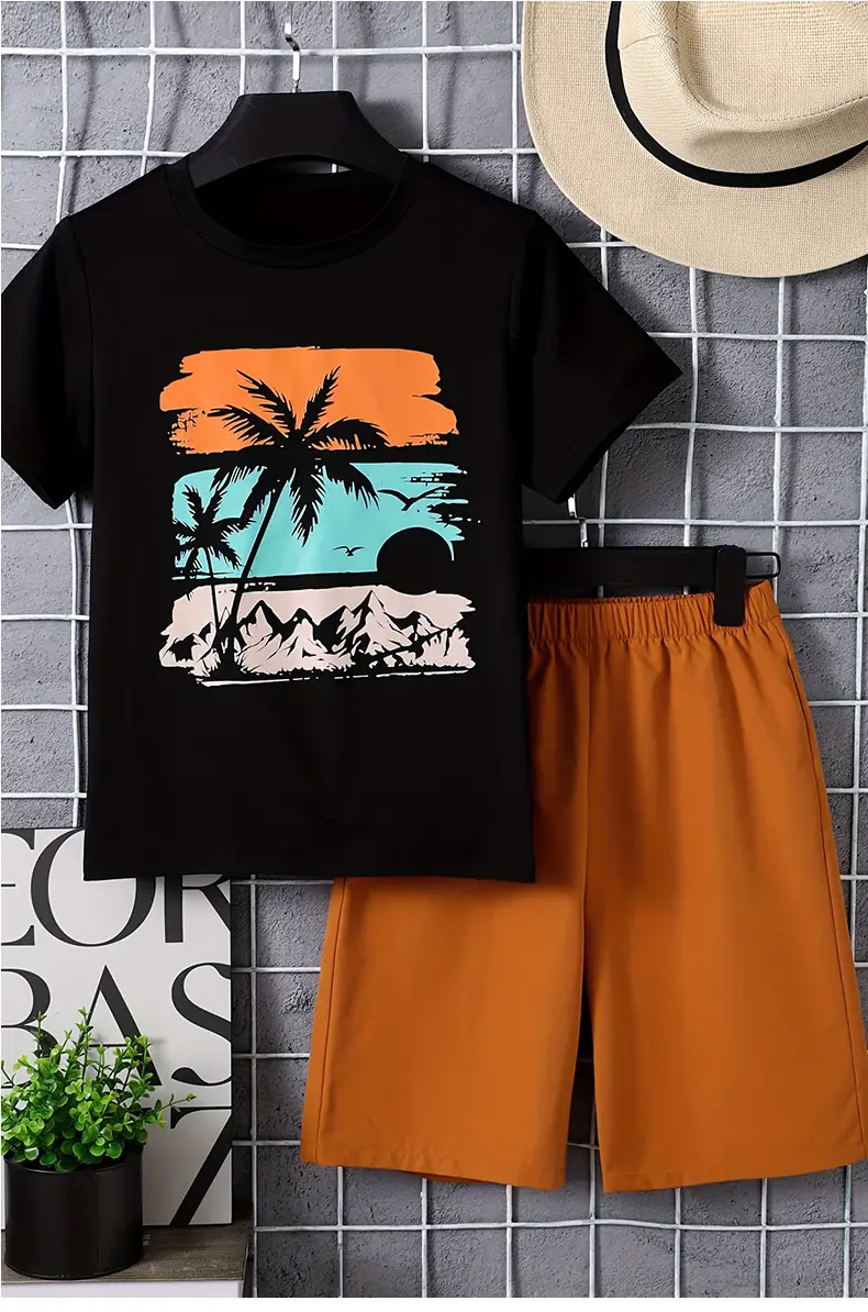 Kids Beach T-Shirt Black Orange Palm Print — feature 2