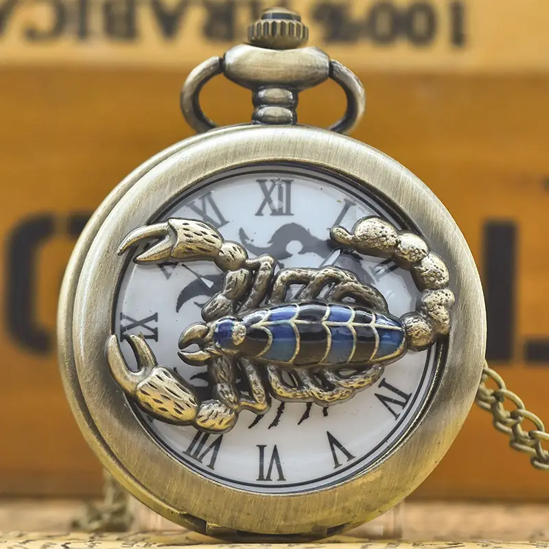 Vintage Quartz Pocket Watch with Glitter Scorpion Design