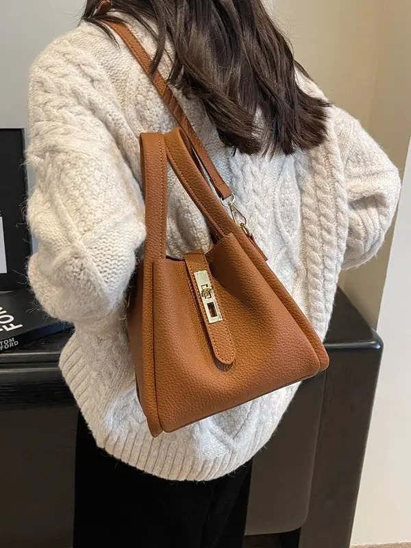 Women Textured Shoulder Bag Brown Large Capacity Commuting - Image 9