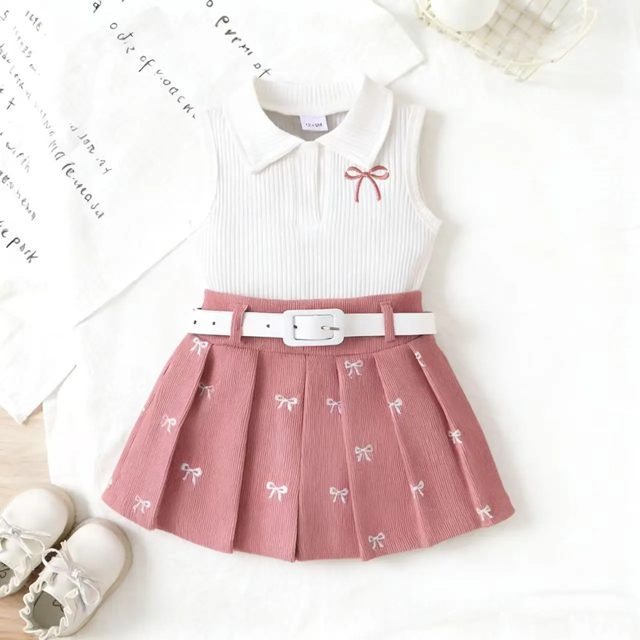 Girls Summer Suit White Brown Bow Print Pleated Skirt
