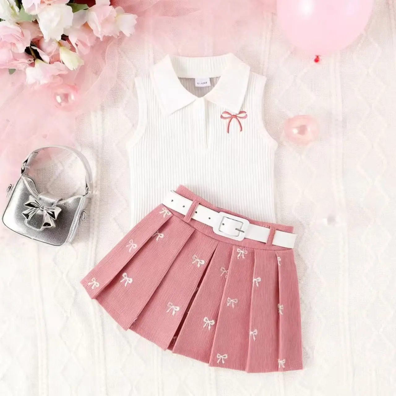Girls Summer Suit White Brown Bow Print Pleated Skirt