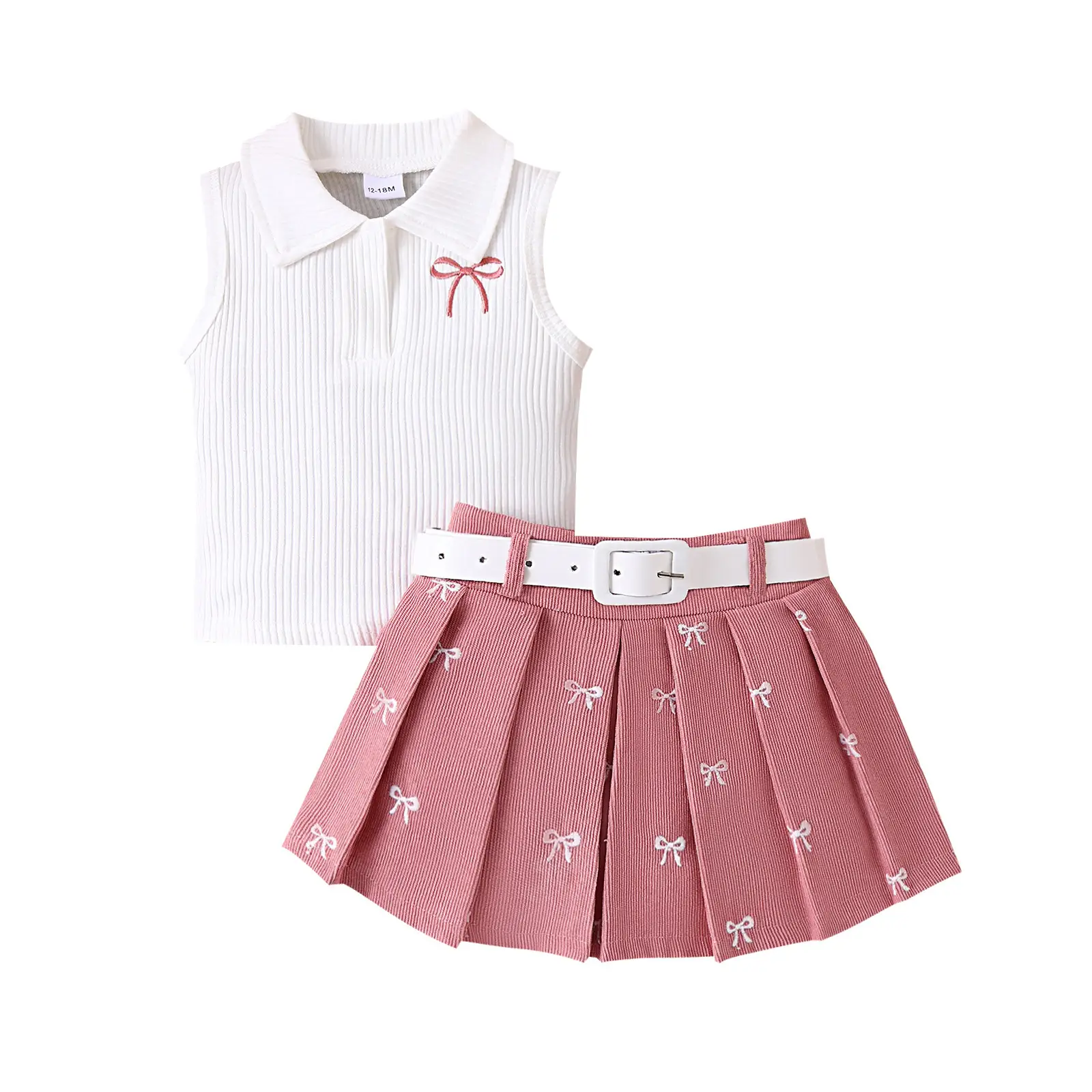 Girls Summer Suit White Brown Bow Print Pleated Skirt