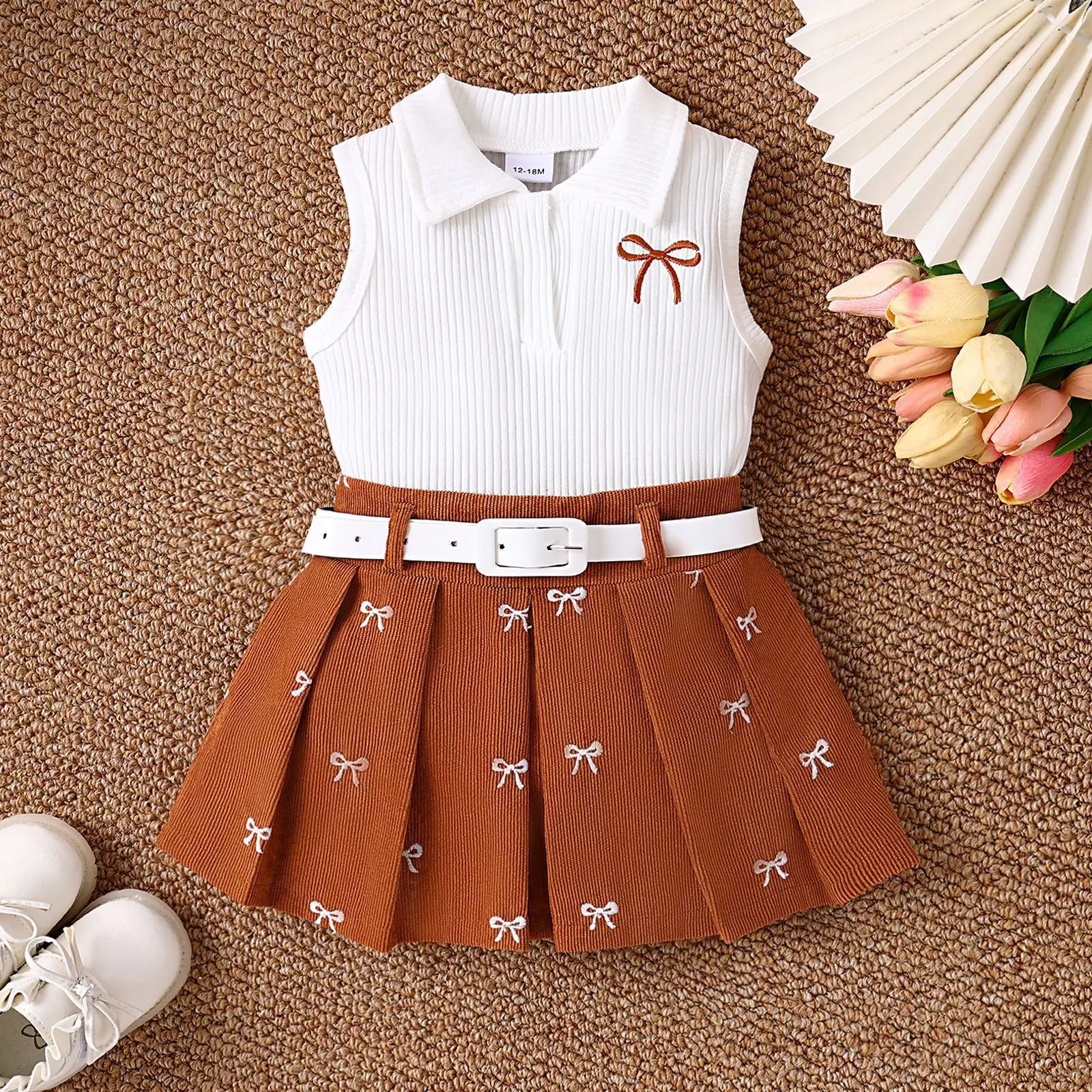 Girls Summer Suit White Brown Bow Print Pleated Skirt — feature 12