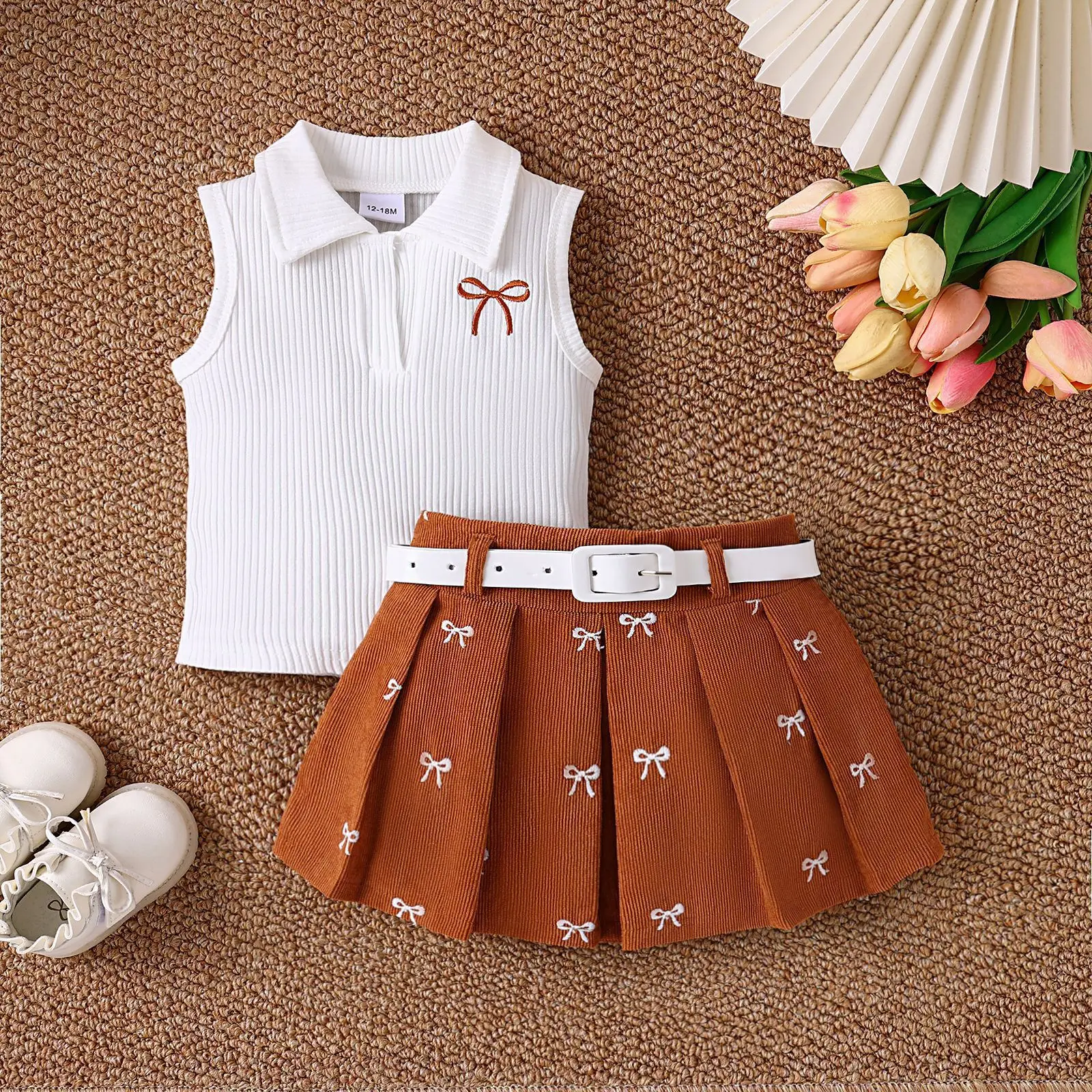 Girls Summer Suit White Brown Bow Print Pleated Skirt — feature 13