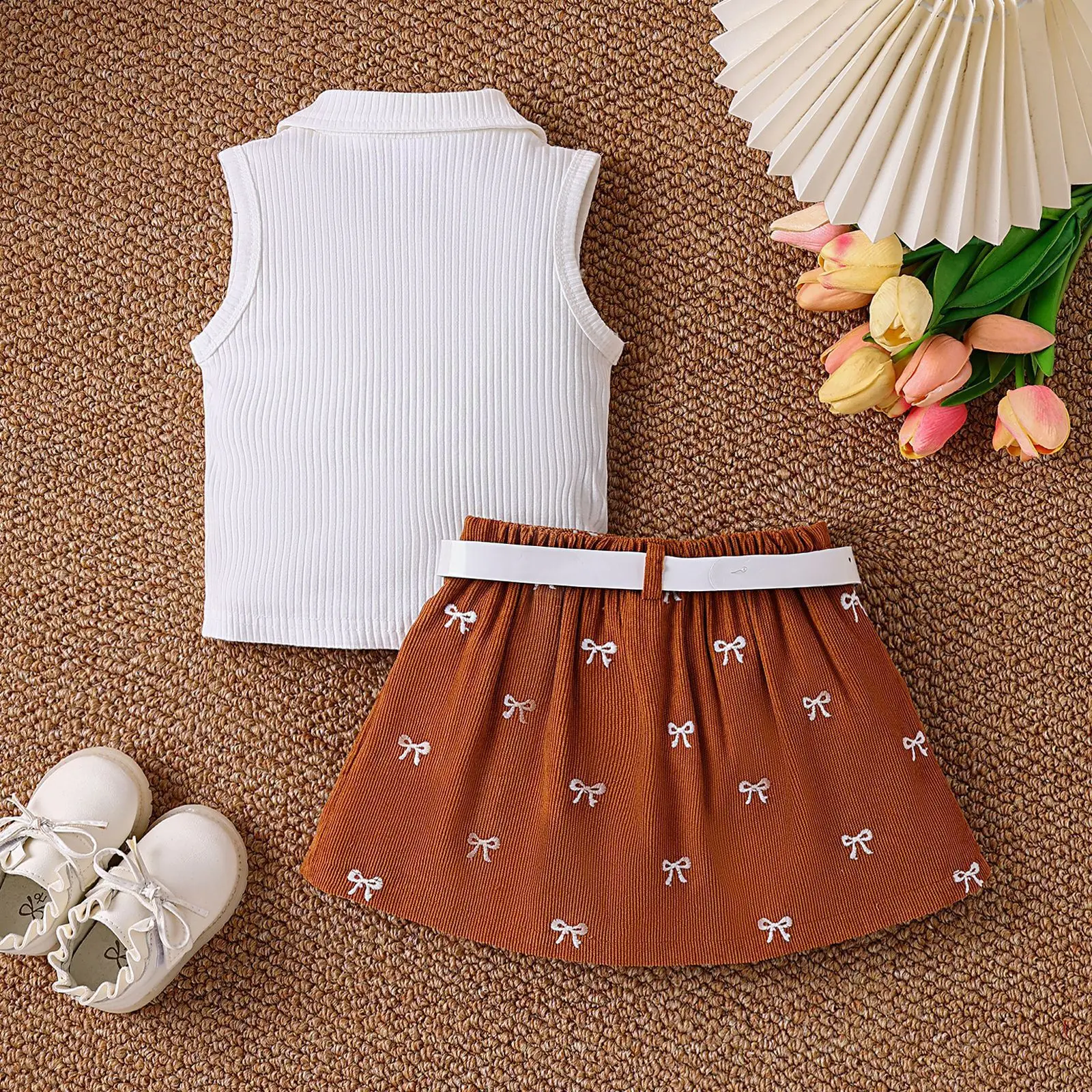 Girls Summer Suit White Brown Bow Print Pleated Skirt — feature 14
