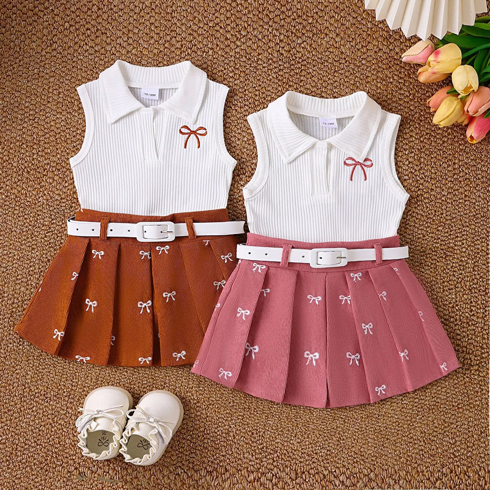 Girls Summer Suit White Brown Bow Print Pleated Skirt — feature 2