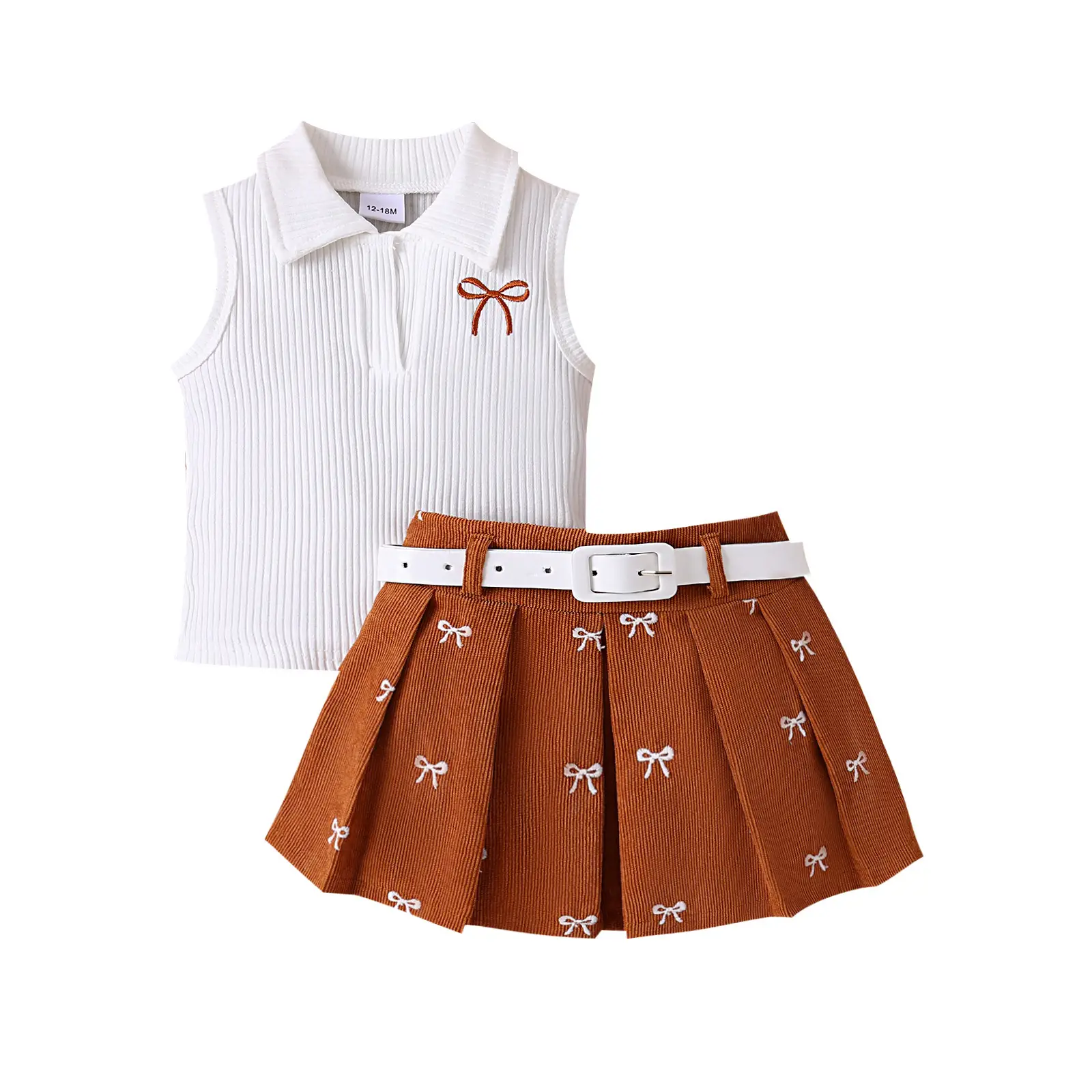 Girls Summer Suit White Brown Bow Print Pleated Skirt — feature 20