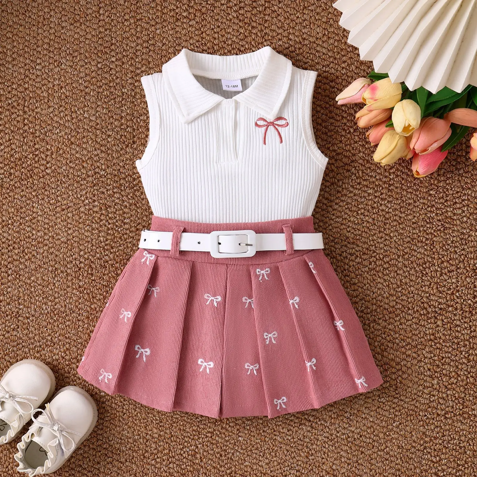 Girls Summer Suit White Brown Bow Print Pleated Skirt — feature 3