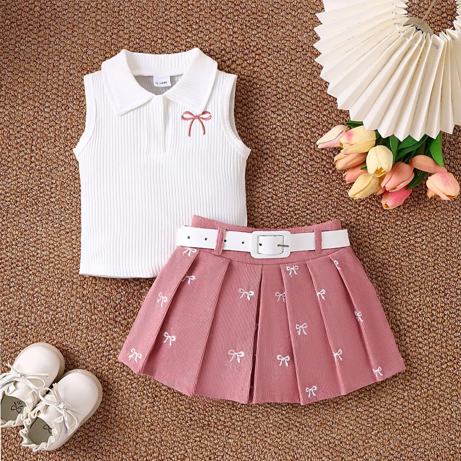 Girls Summer Suit White Brown Bow Print Pleated Skirt — feature 4