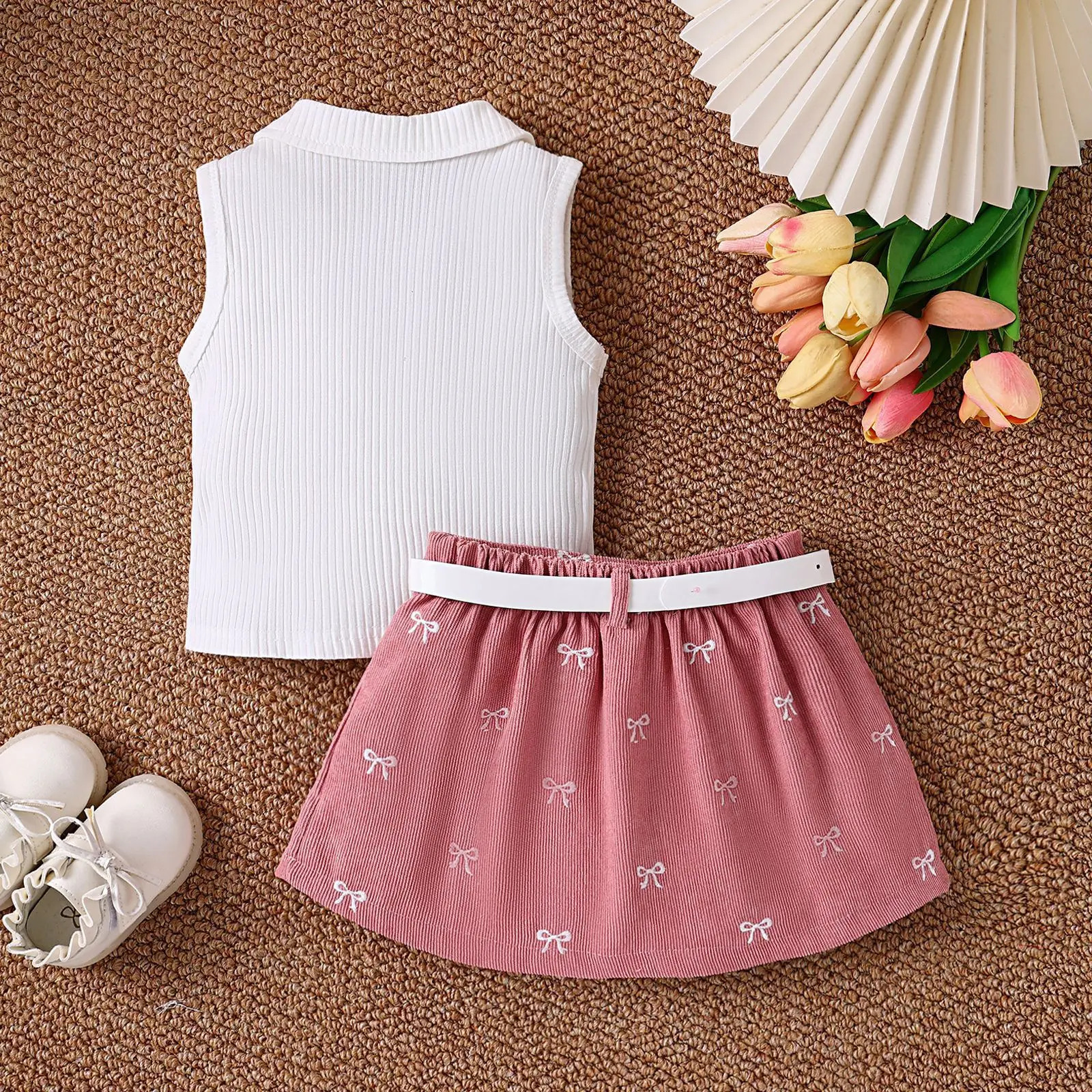 Girls Summer Suit White Brown Bow Print Pleated Skirt — feature 5