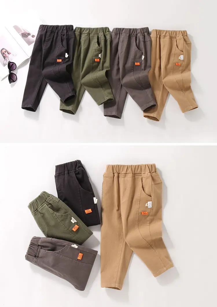 Boys' Cotton Casual Pants Autumn Set Brown Green Black Medium Small — feature 1