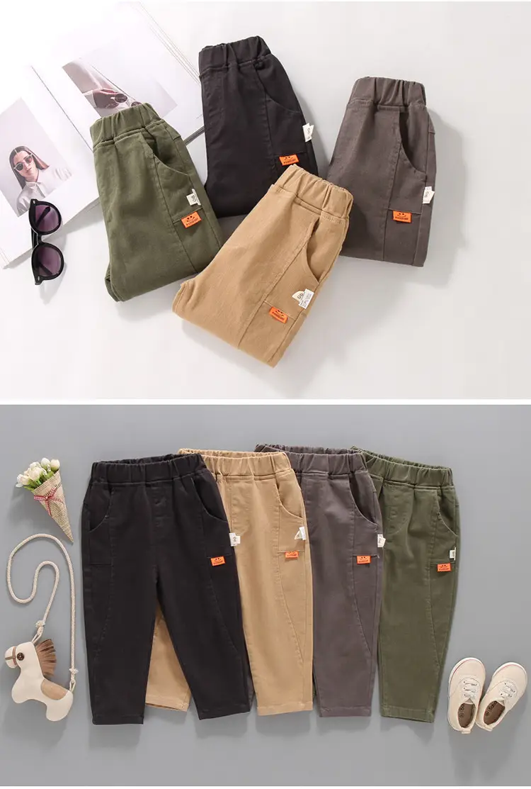 Boys' Cotton Casual Pants Autumn Set Brown Green Black Medium Small — feature 7