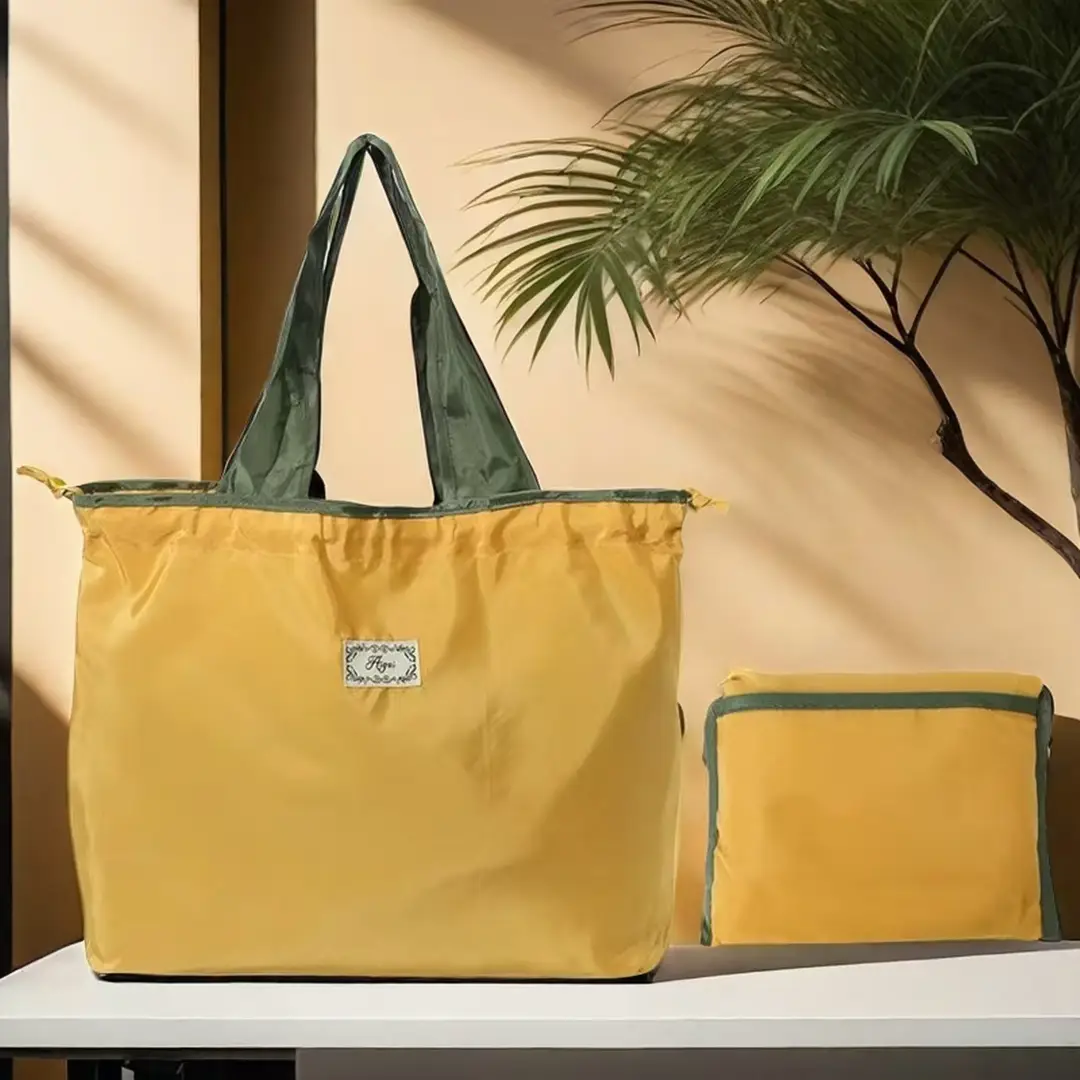 Green Drawstring Tote Bag with Yellow Handles — feature 5