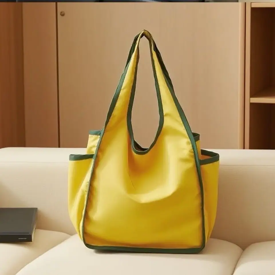 Green Drawstring Tote Bag with Yellow Handles