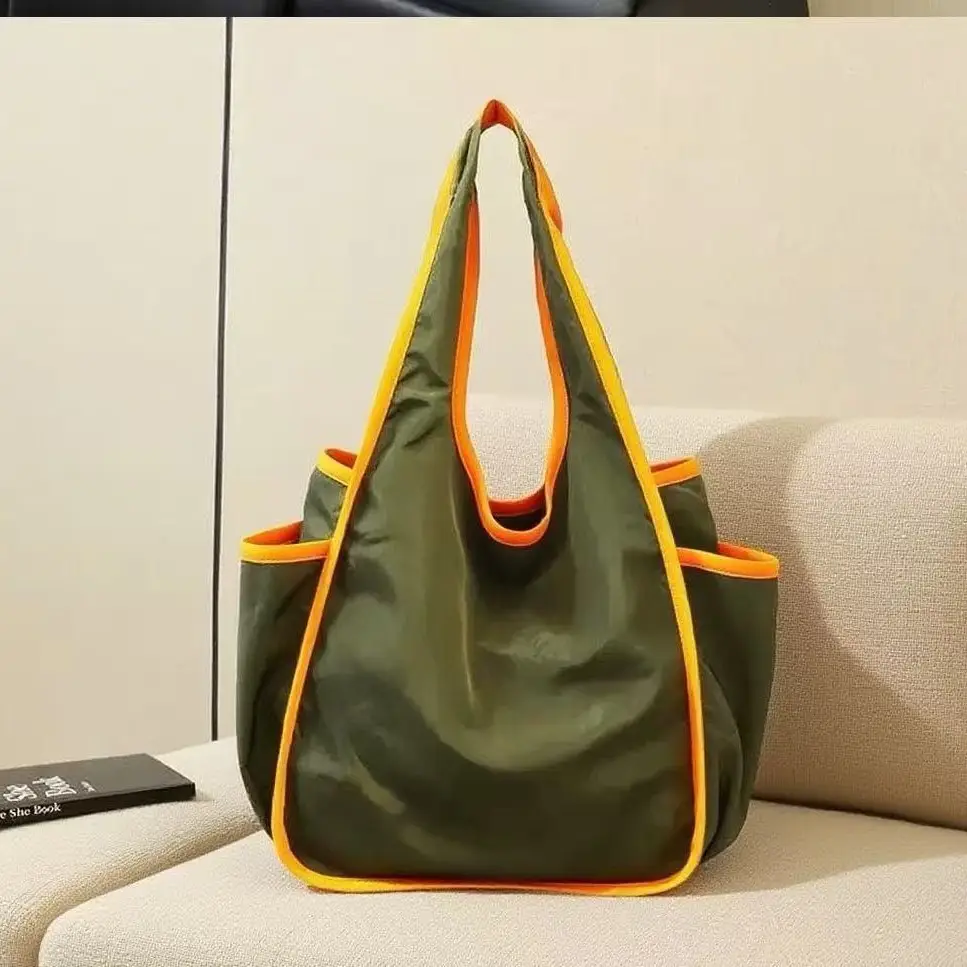 Green Drawstring Tote Bag with Yellow Handles