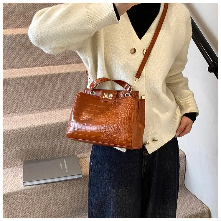 Black Croc Textured Shoulder Bag with Gold Clasp — feature 13