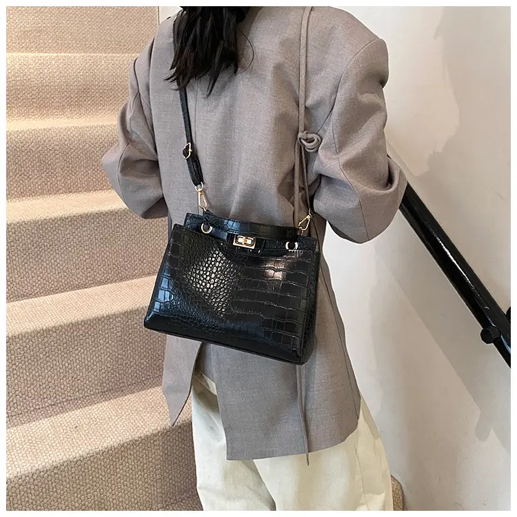 Black Croc Textured Shoulder Bag with Gold Clasp — feature 17