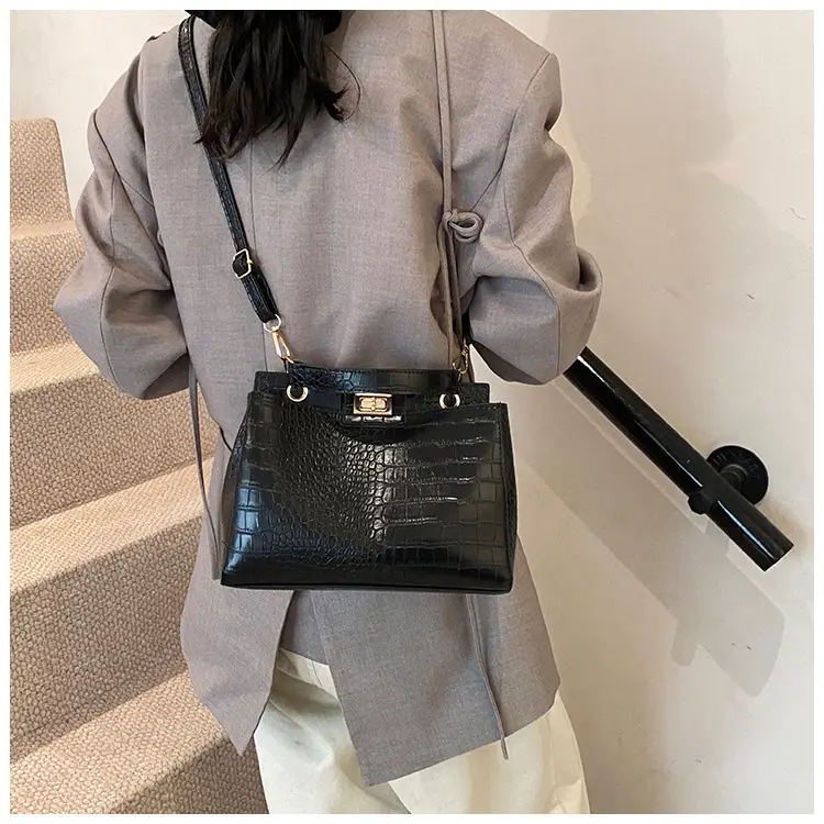 Black Croc Textured Shoulder Bag with Gold Clasp — feature 18