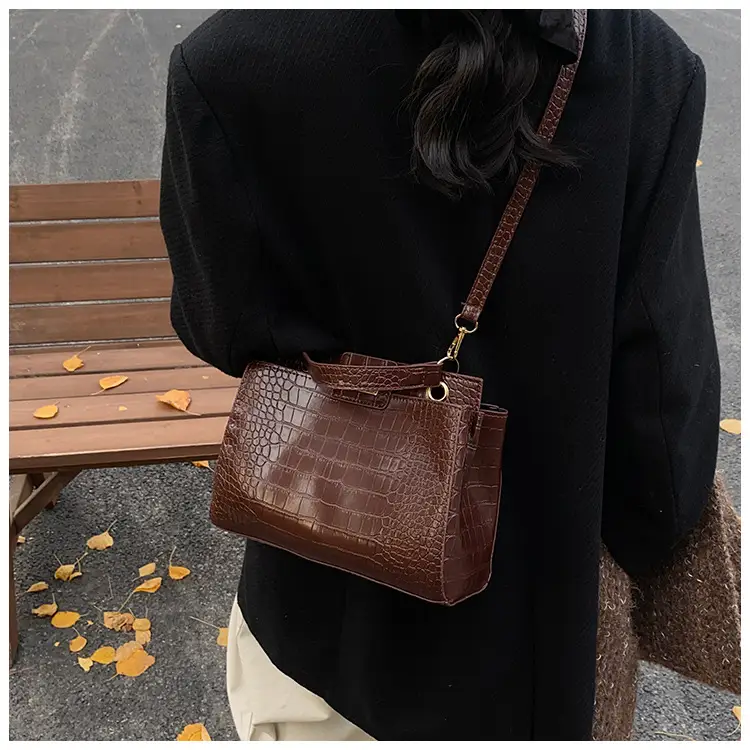 Black Croc Textured Shoulder Bag with Gold Clasp — feature 19