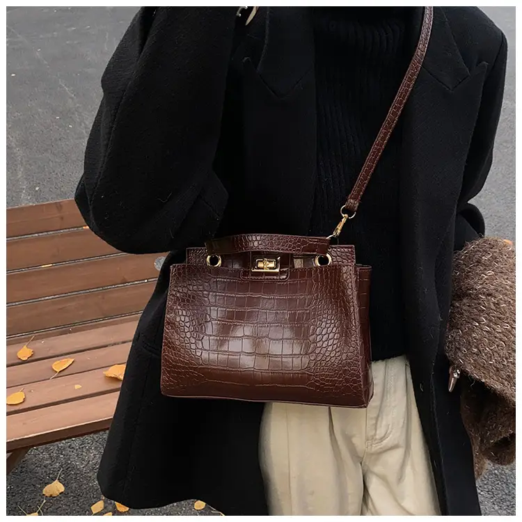 Black Croc Textured Shoulder Bag with Gold Clasp — feature 20