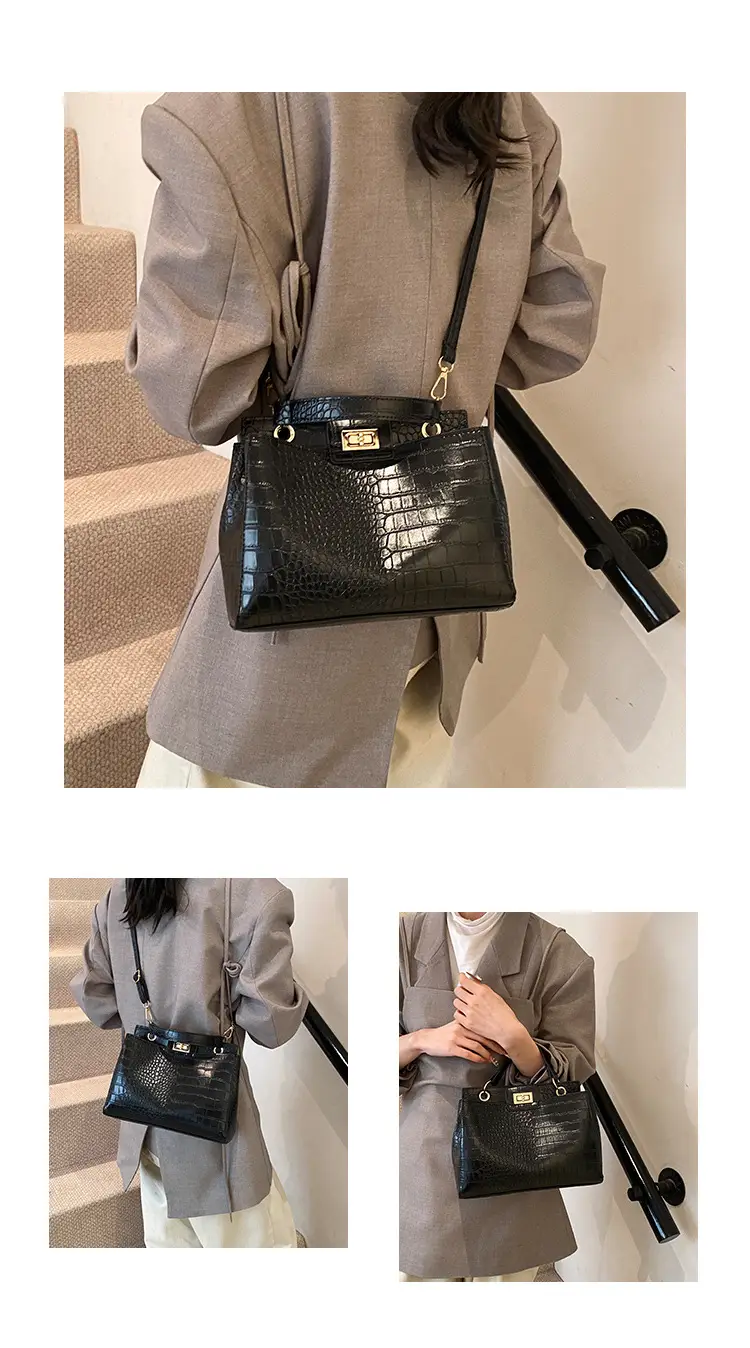 Black Croc Textured Shoulder Bag with Gold Clasp — feature 4
