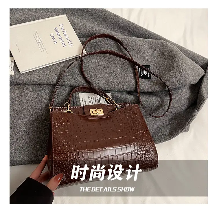Black Croc Textured Shoulder Bag with Gold Clasp — feature 9