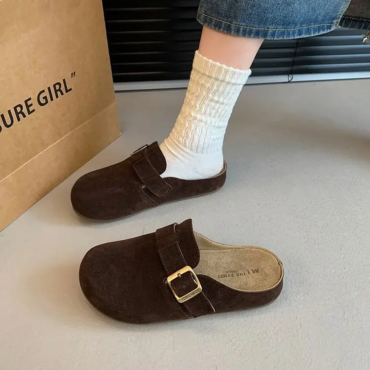 Vintage French Style Brown Flat Slippers Women's 2025