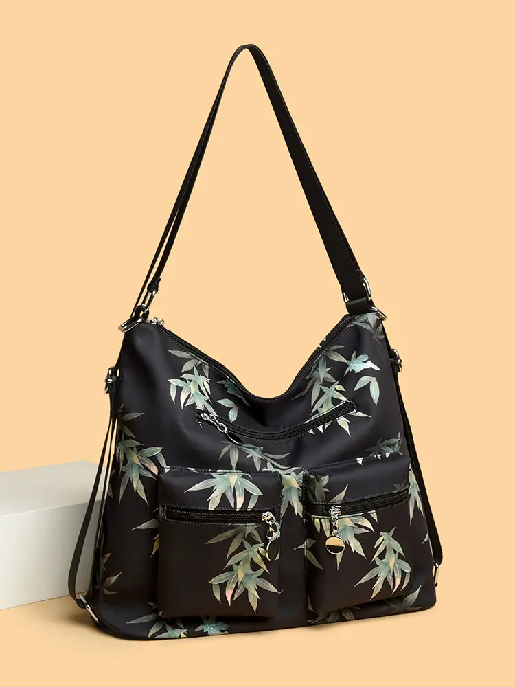 Black Bamboo Print Crossbody Tote Bag for Women