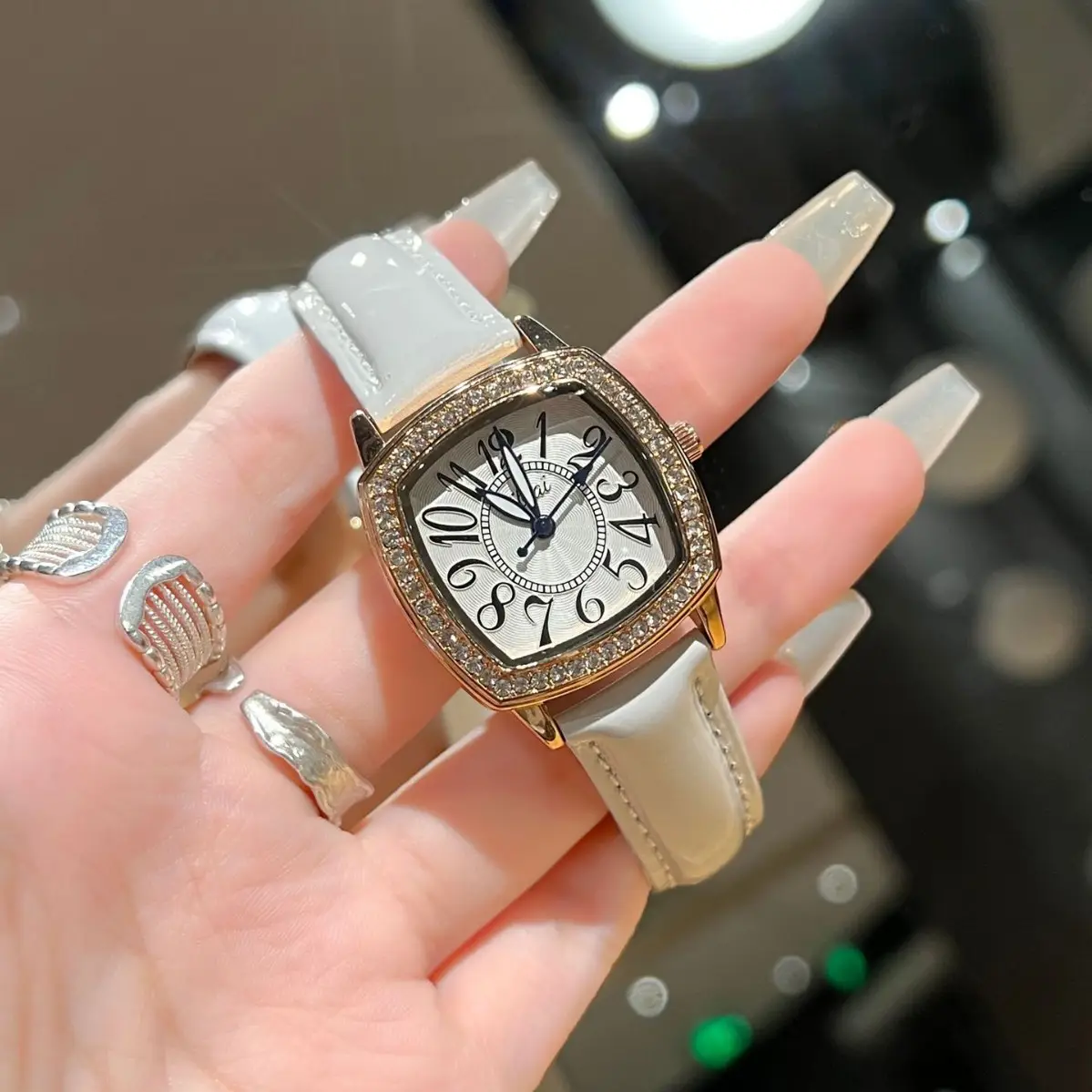 Square Diamond Ladies Quartz Watch Waterproof White Leather Band - Image 2