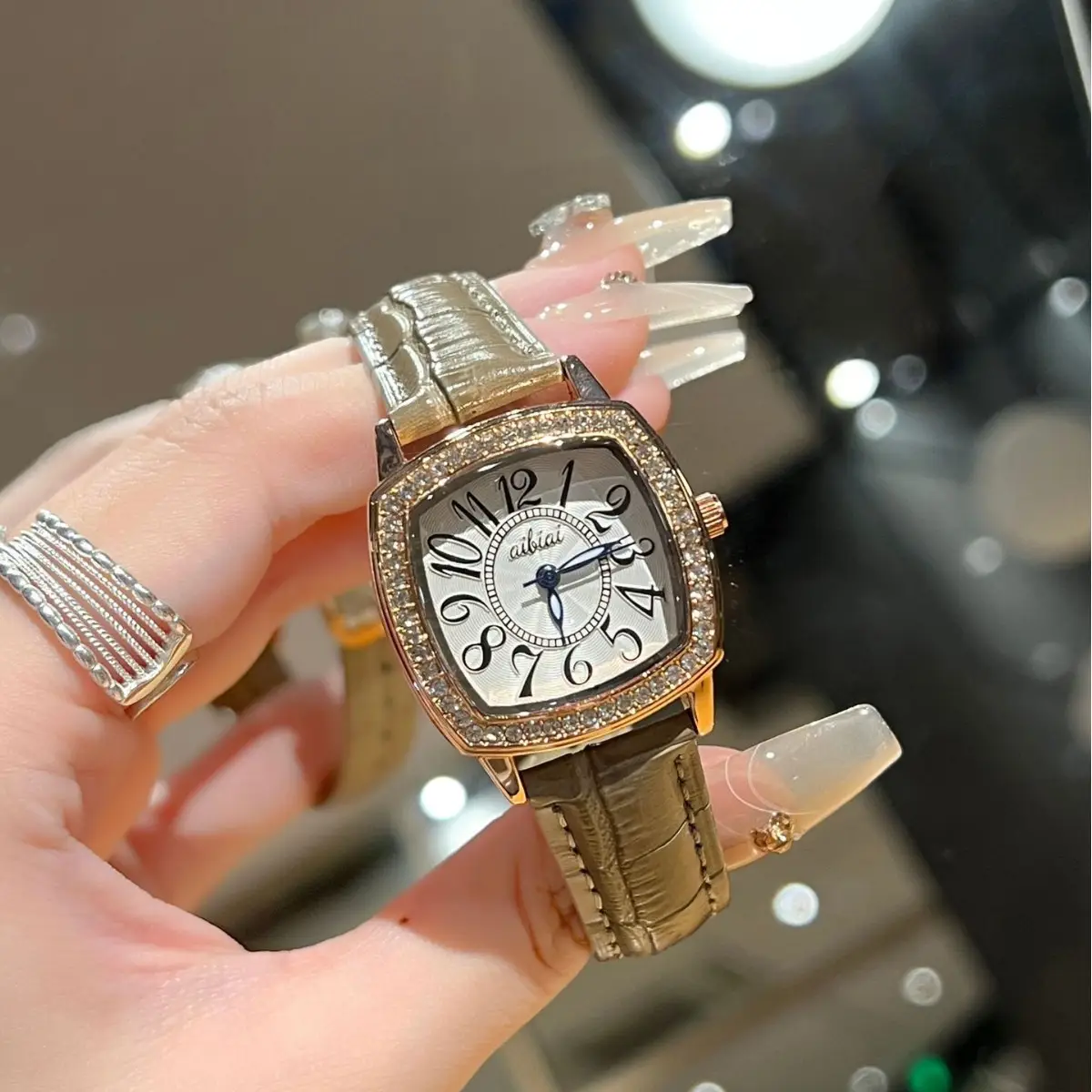 Square Diamond Ladies Quartz Watch Waterproof White Leather Band - Image 3