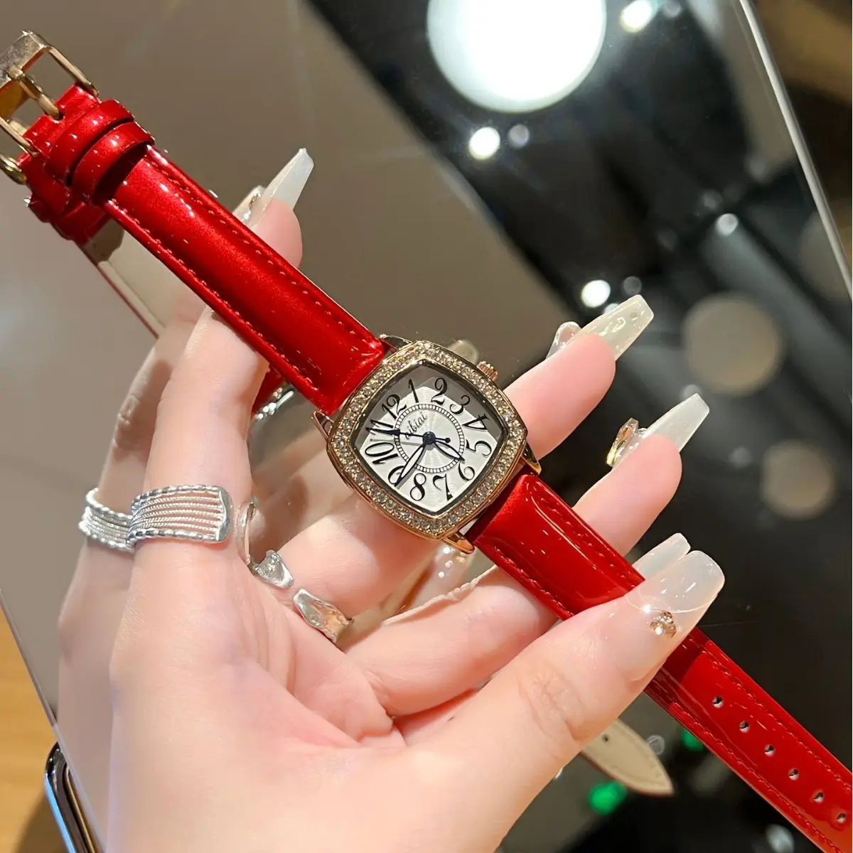 Square Diamond Ladies Quartz Watch Waterproof White Leather Band - Image 5