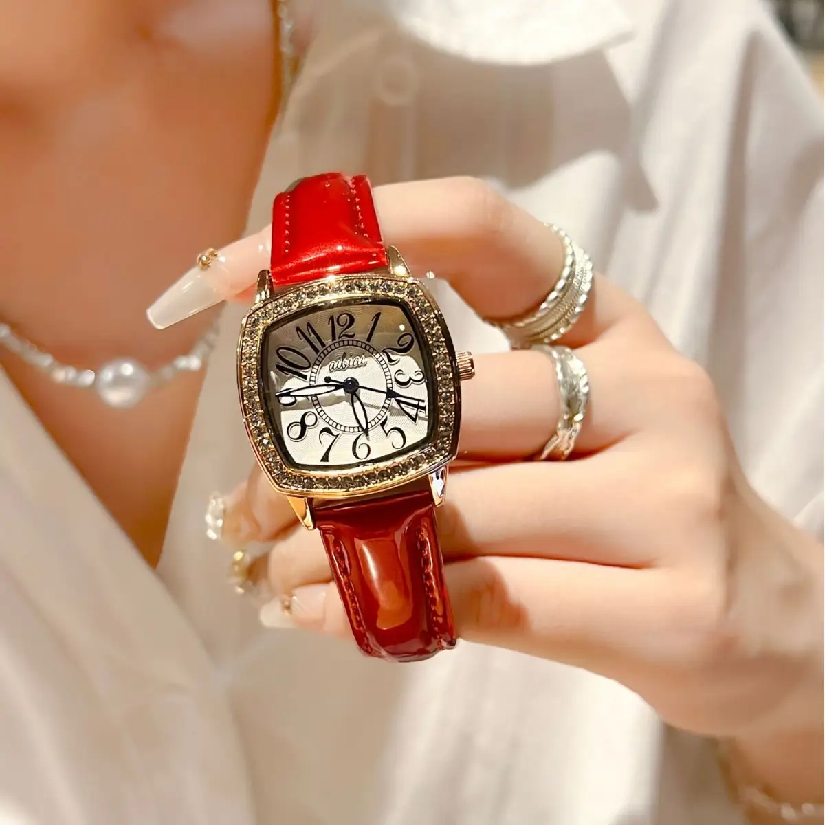 Square Diamond Ladies Quartz Watch Waterproof White Leather Band - Image 4