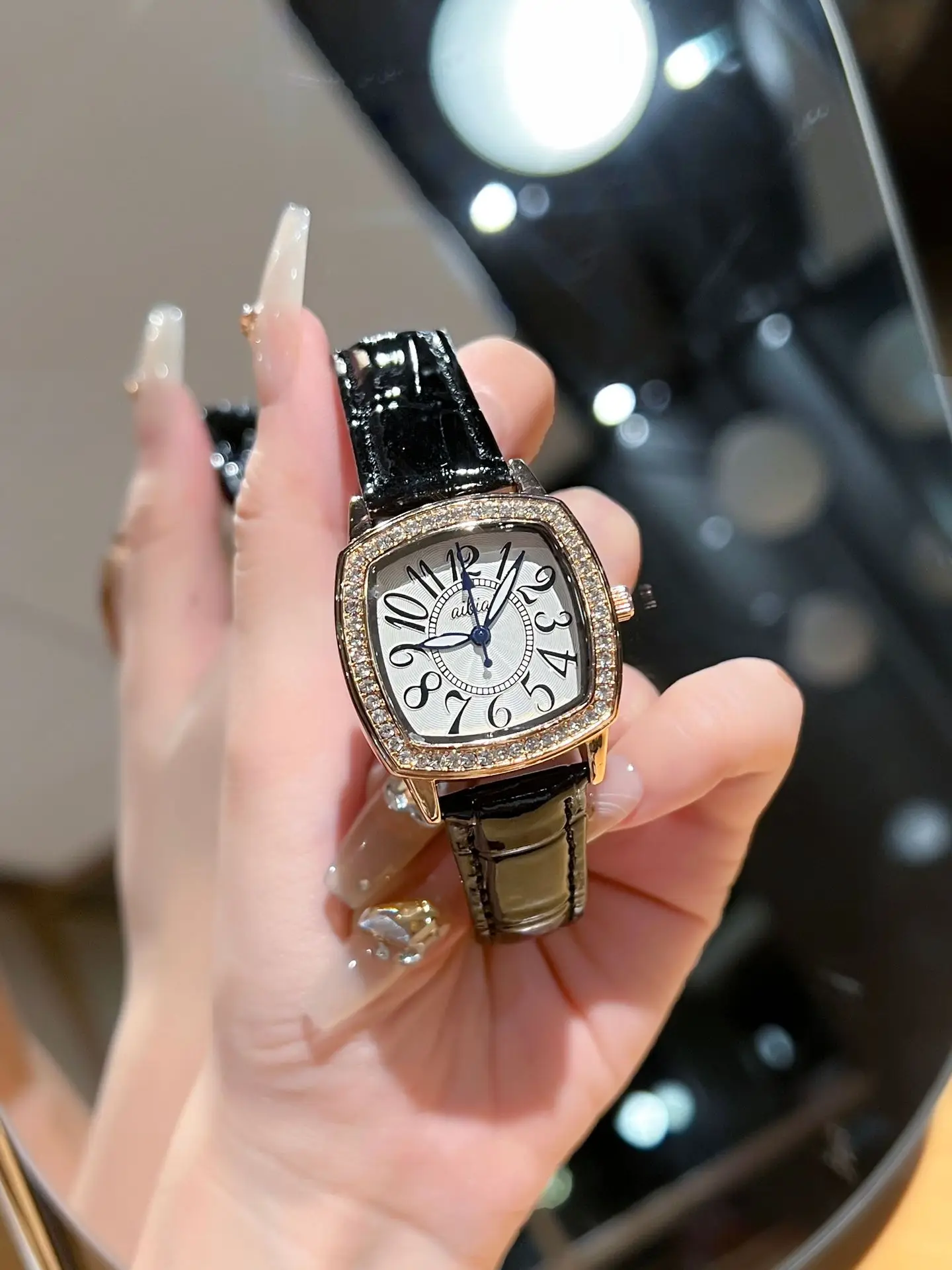 Square Diamond Ladies Quartz Watch Waterproof White Leather Band — feature 5