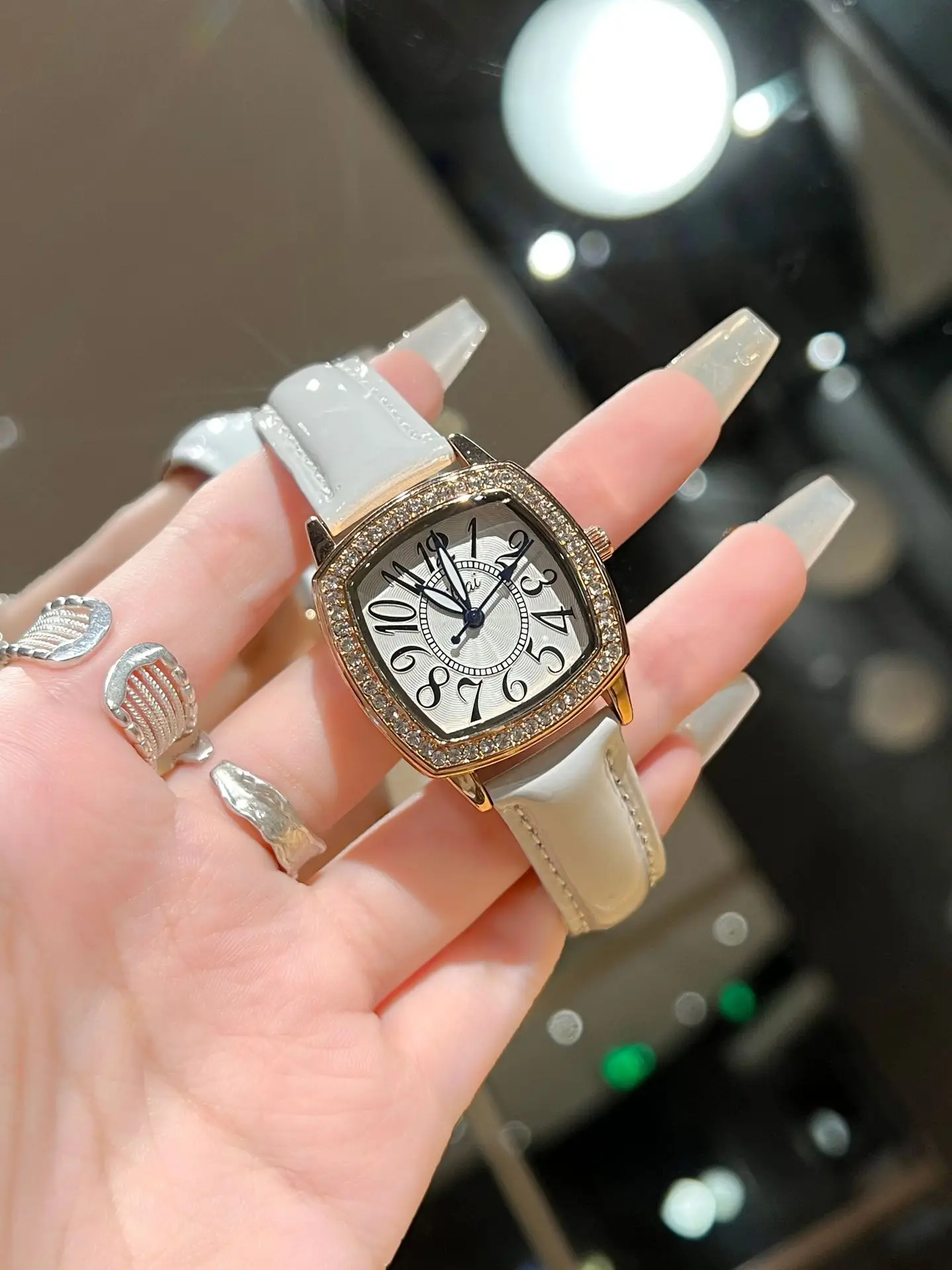 Square Diamond Ladies Quartz Watch Waterproof White Leather Band — feature 7