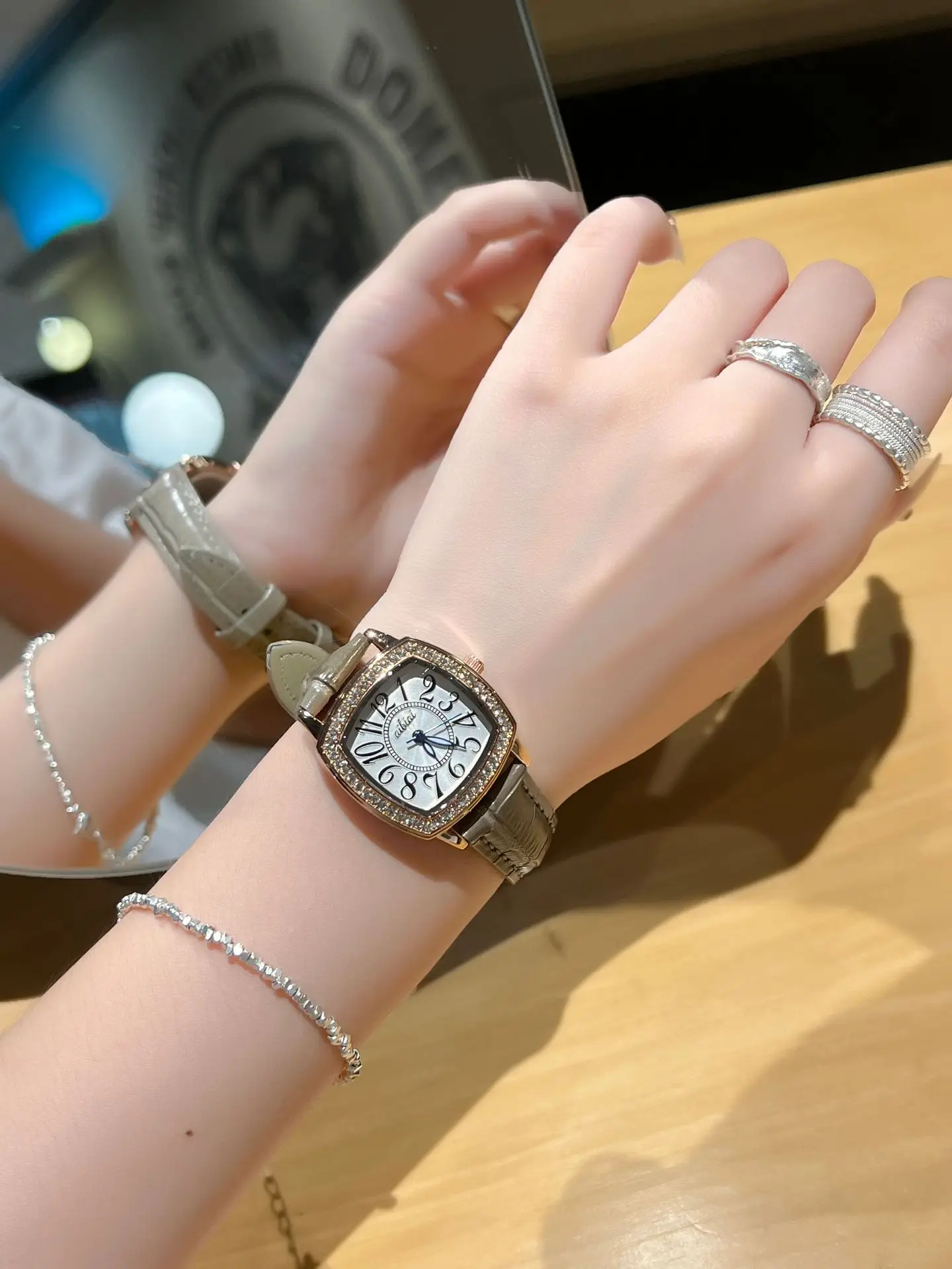 Square Diamond Ladies Quartz Watch Waterproof White Leather Band — feature 9