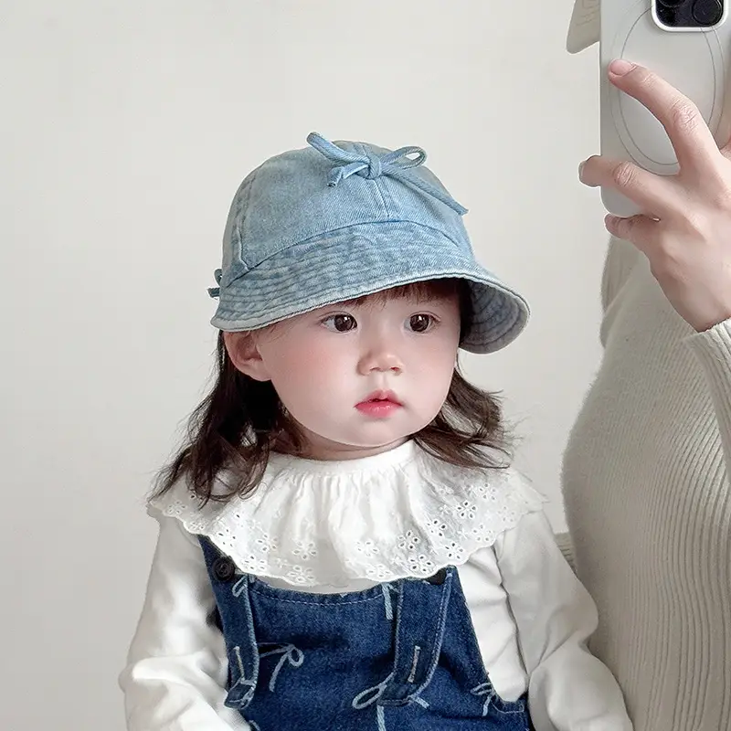 Kids Denim Bucket Hat with Blue Bristle & Korean Bow - Image 5