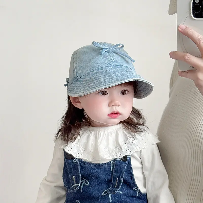 Kids Denim Bucket Hat with Blue Bristle & Korean Bow - Image 6