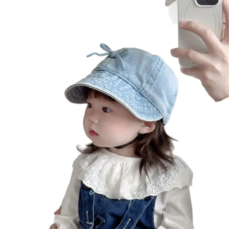 Kids Denim Bucket Hat with Blue Bristle & Korean Bow - Image 8
