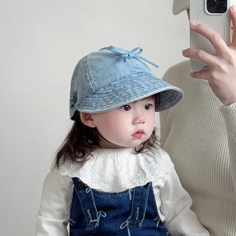 Kids Denim Bucket Hat with Blue Bristle & Korean Bow — feature 12