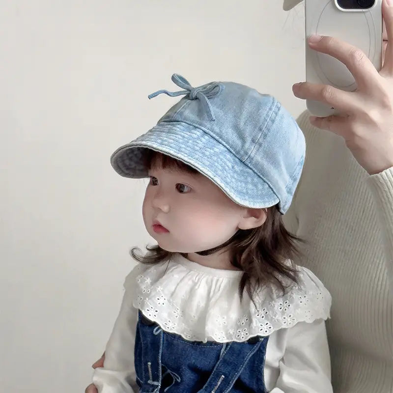 Kids Denim Bucket Hat with Blue Bristle & Korean Bow — feature 5