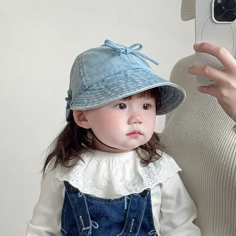 Kids Denim Bucket Hat with Blue Bristle & Korean Bow — feature 9