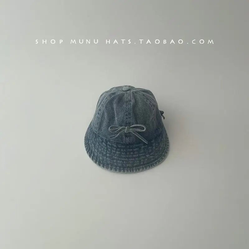 Kids Denim Bucket Hat with Blue Bristle & Korean Bow - Image 2