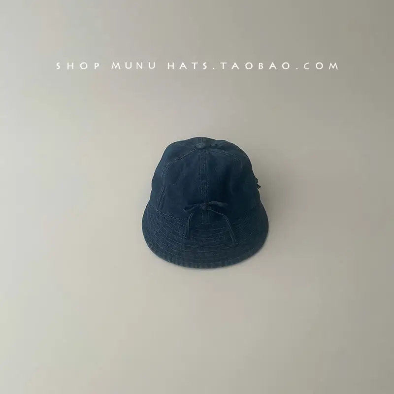 Kids Denim Bucket Hat with Blue Bristle & Korean Bow - Image 3