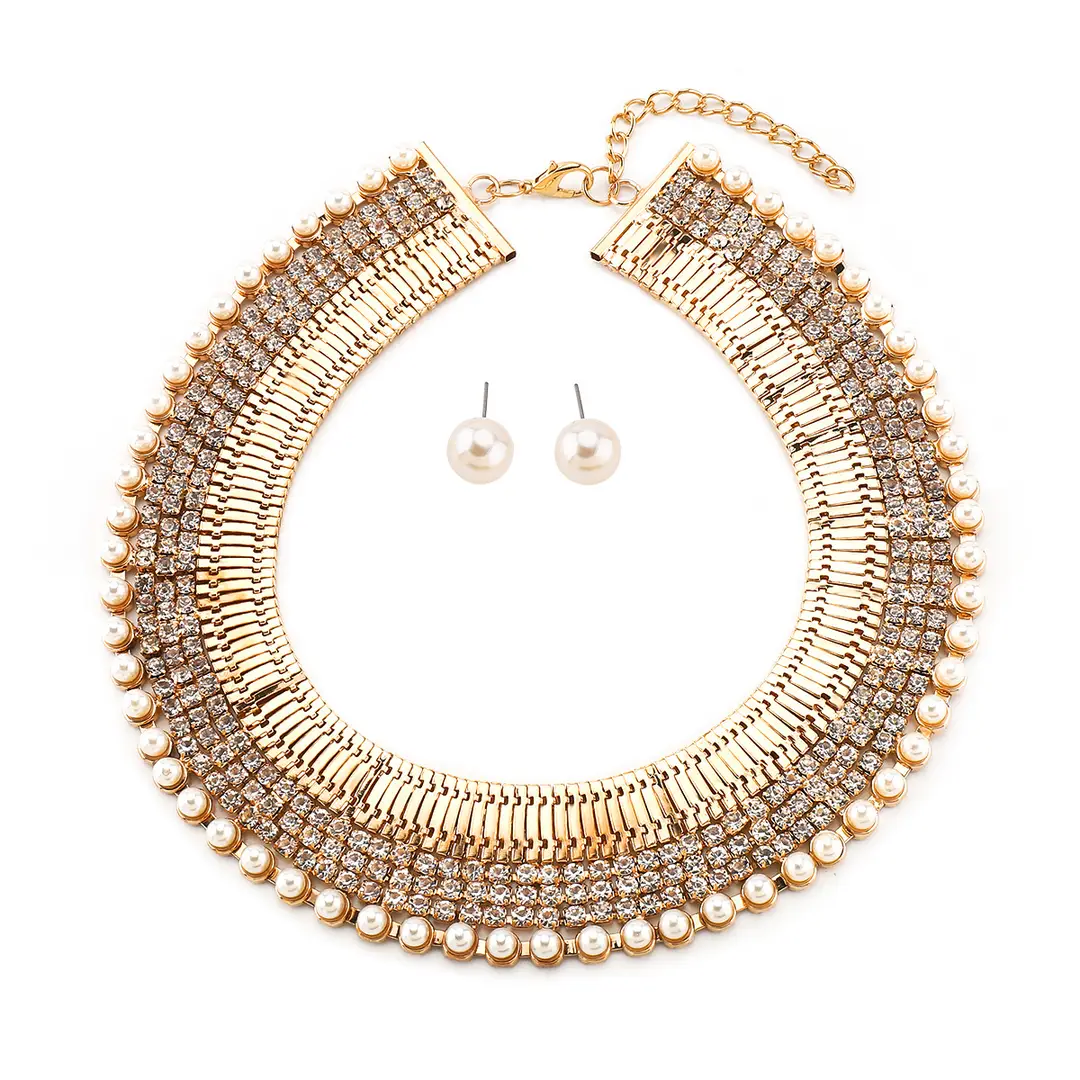 N12427 Exaggerated Wide Edition Gold Strap Diamond Neck Chain Light Luxury Niche Temperament Geometric Heavy Industry Jewelry suit