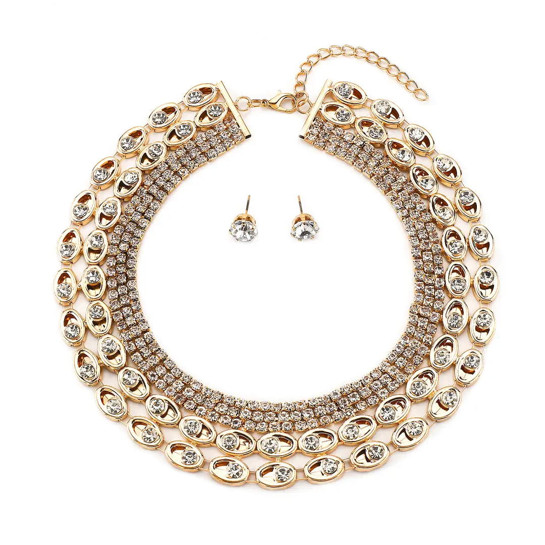 N12427 Exaggerated Wide Edition Gold Strap Diamond Neck Chain Light Luxury Niche Temperament Geometric Heavy Industry Jewelry suit — feature 20