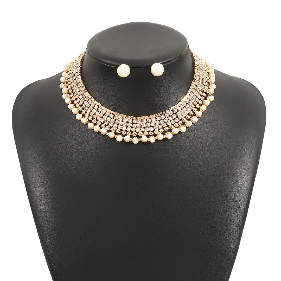 N12427 Exaggerated Wide Edition Gold Strap Diamond Neck Chain Light Luxury Niche Temperament Geometric Heavy Industry Jewelry suit — feature 24