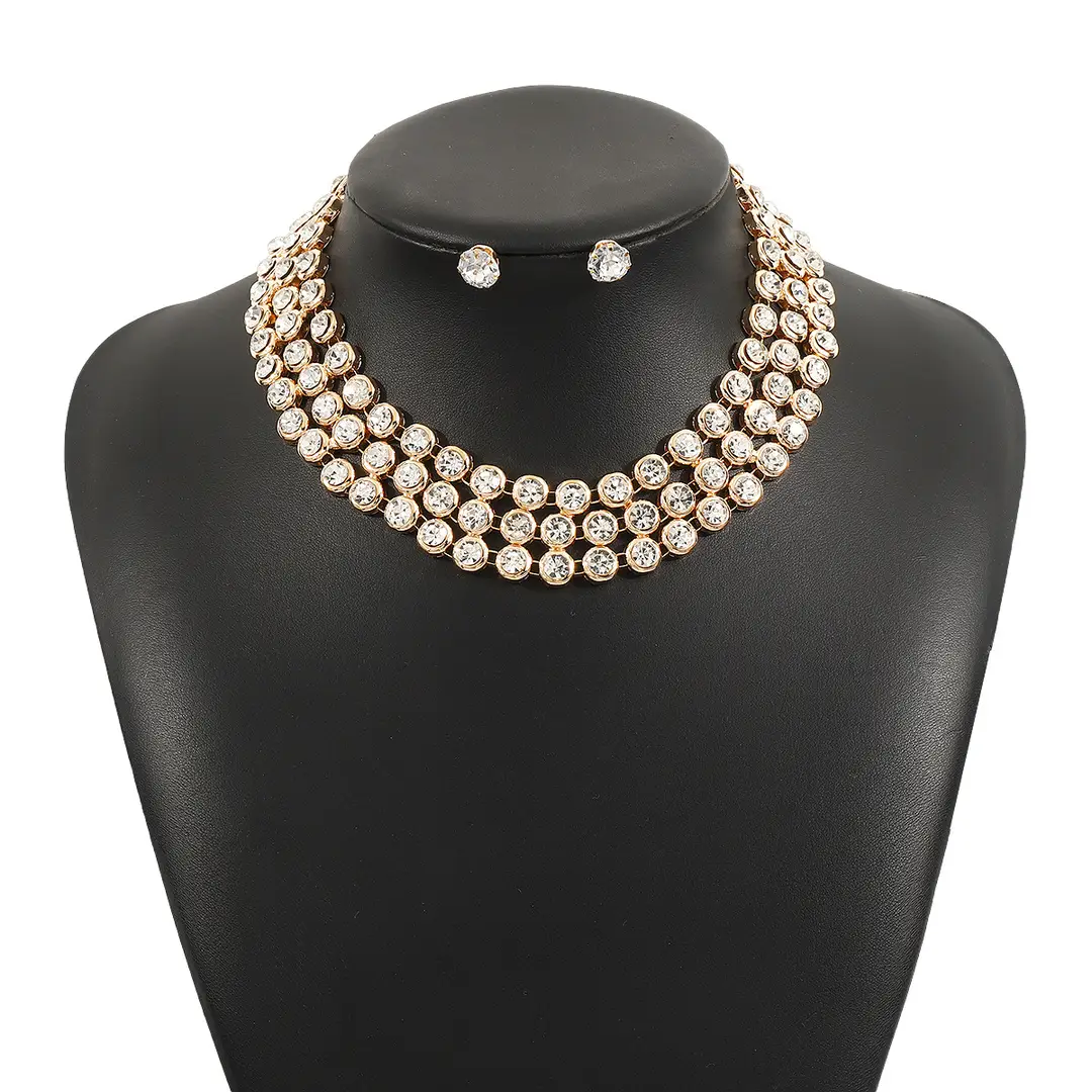 N12427 Exaggerated Wide Edition Gold Strap Diamond Neck Chain Light Luxury Niche Temperament Geometric Heavy Industry Jewelry suit — feature 25