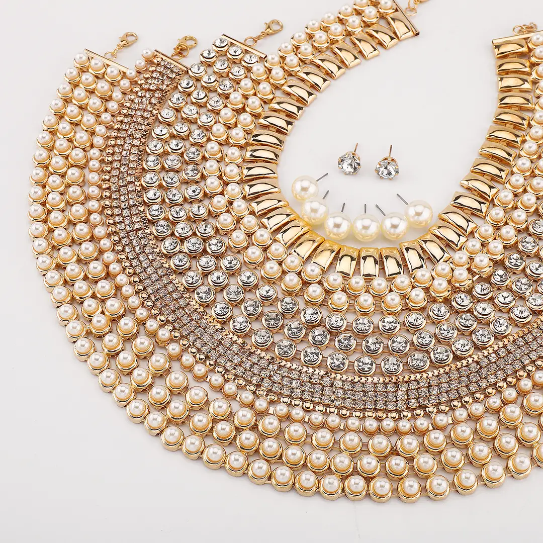 N12427 Exaggerated Wide Edition Gold Strap Diamond Neck Chain Light Luxury Niche Temperament Geometric Heavy Industry Jewelry suit — feature 9